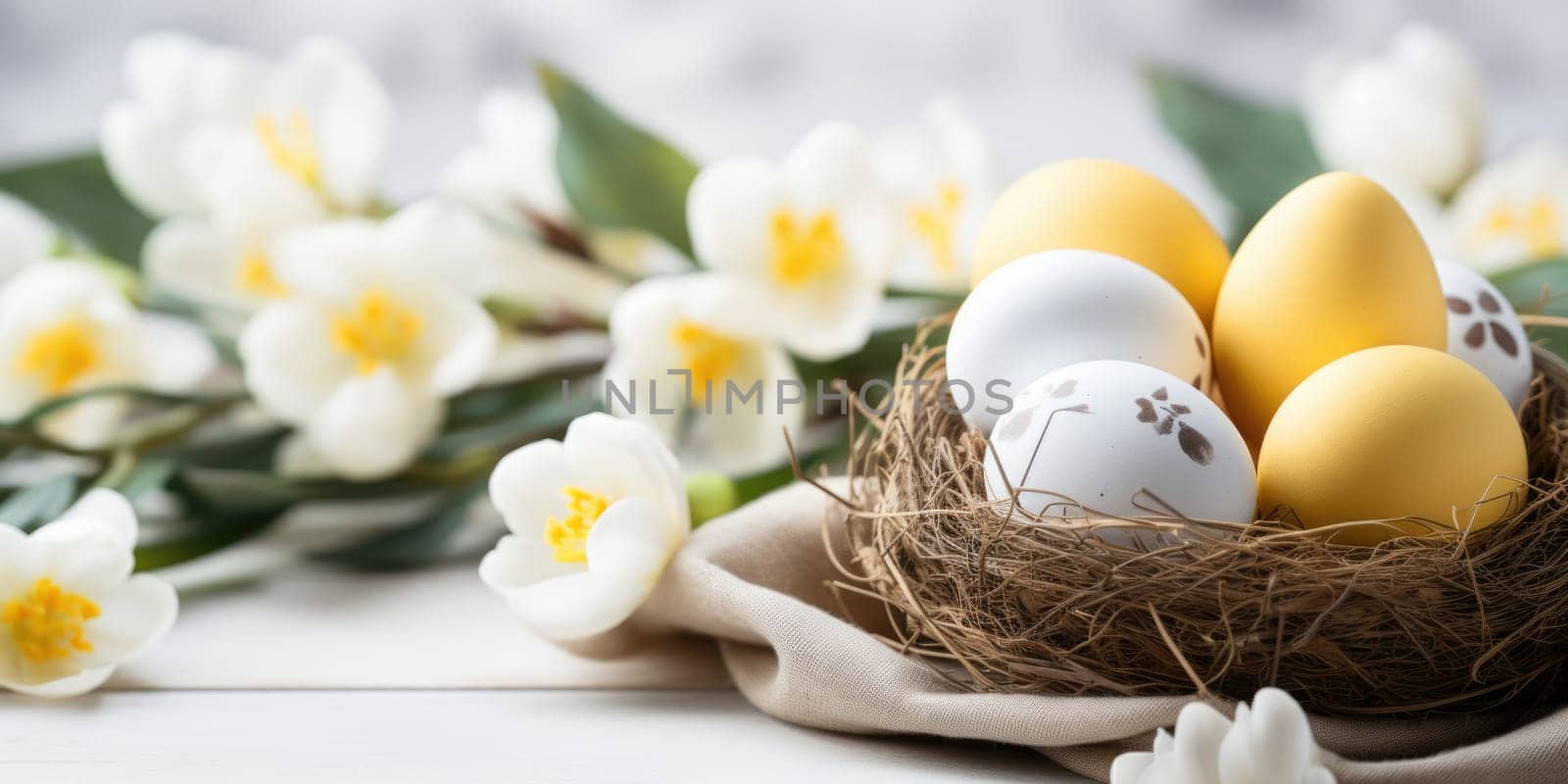 Easter festive spring table setting decoration, eggs in nest, fresh yellow tulips, ai generated