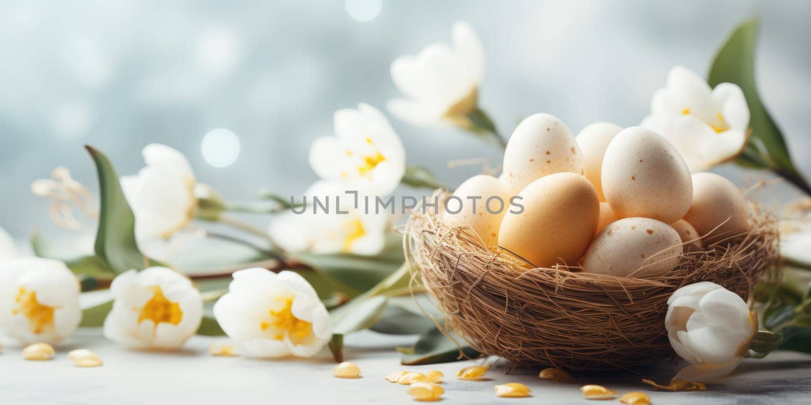 Easter festive spring table setting decoration, eggs in nest, fresh yellow tulips, ai generated