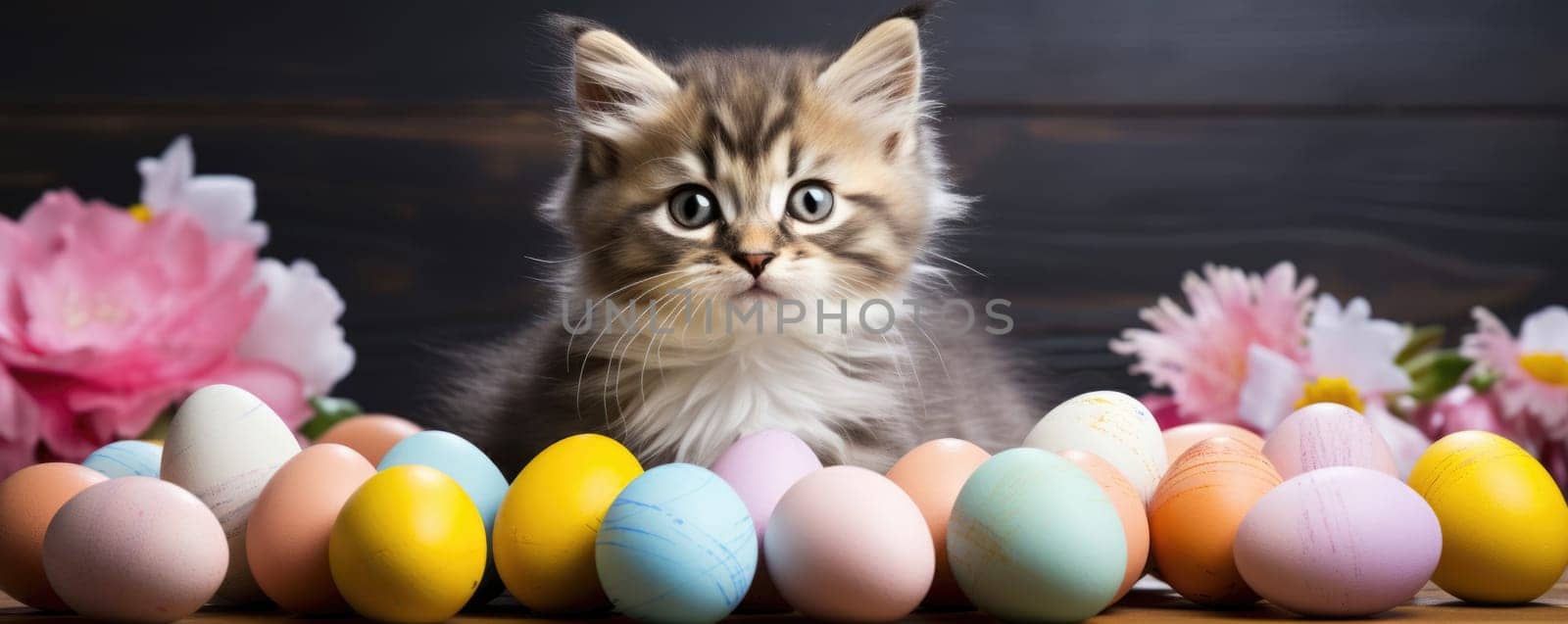 Beautiful kitten with blue eyes in easter eggs. ai generated