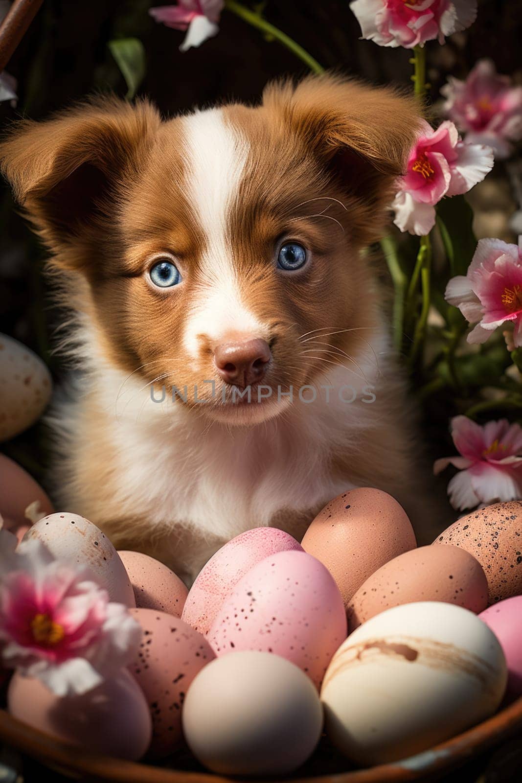 Beautiful puppy with blue eyes in easter eggs. ai generated