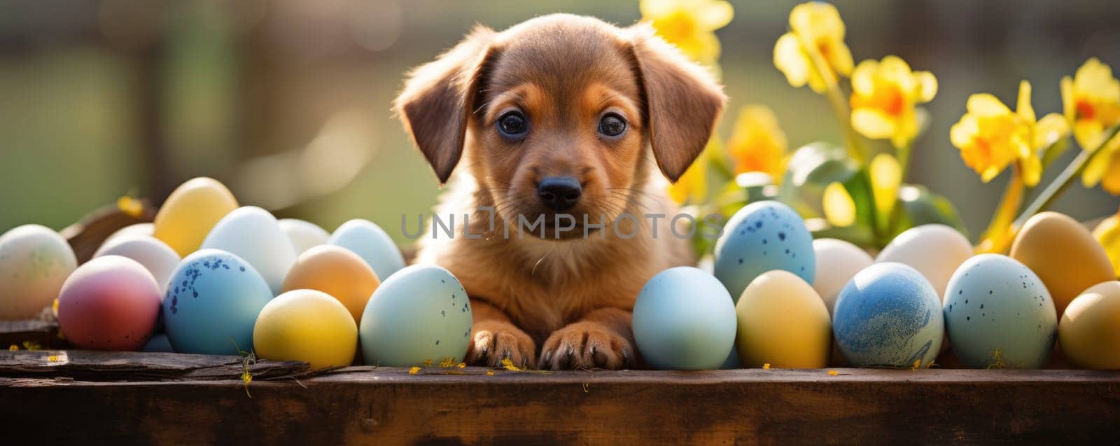 Beautiful puppy with blue eyes in easter eggs. ai generated