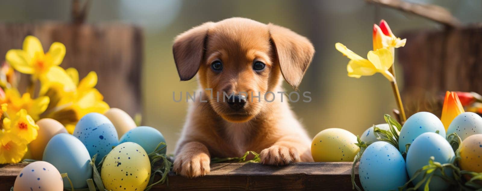 Beautiful puppy with blue eyes in easter eggs. ai generated