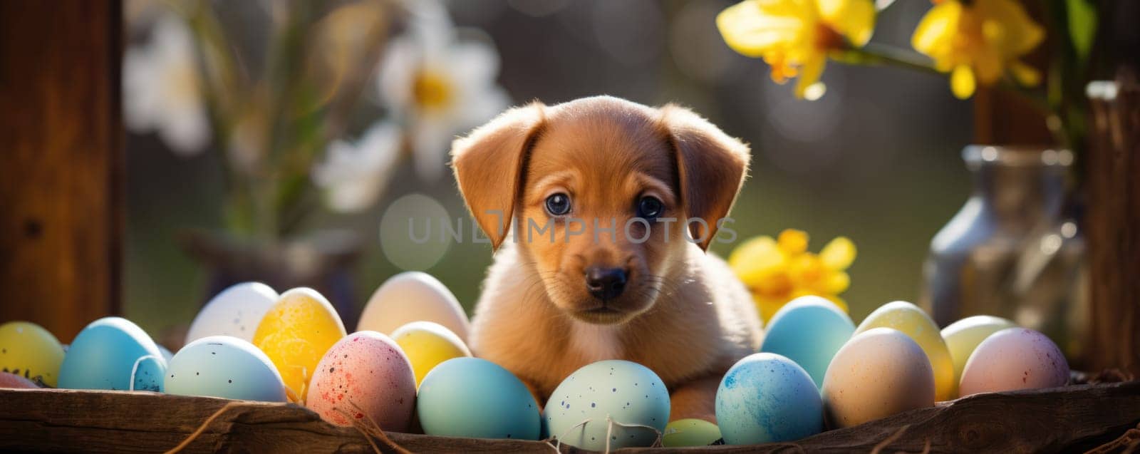 Beautiful puppy with blue eyes in easter eggs. ai generated