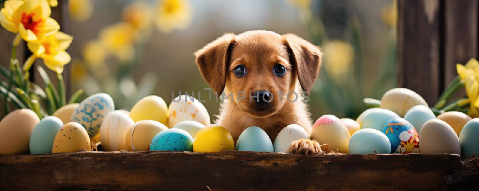 Beautiful puppy with blue eyes in easter eggs. ai generated