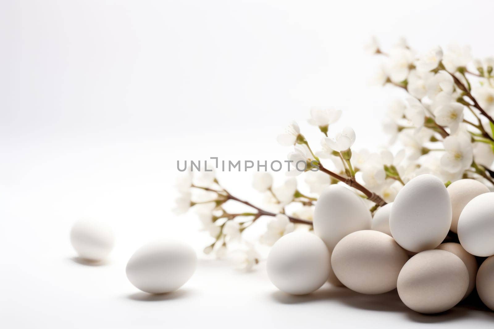 easter background with white eggs and flowers on light background. ai generated