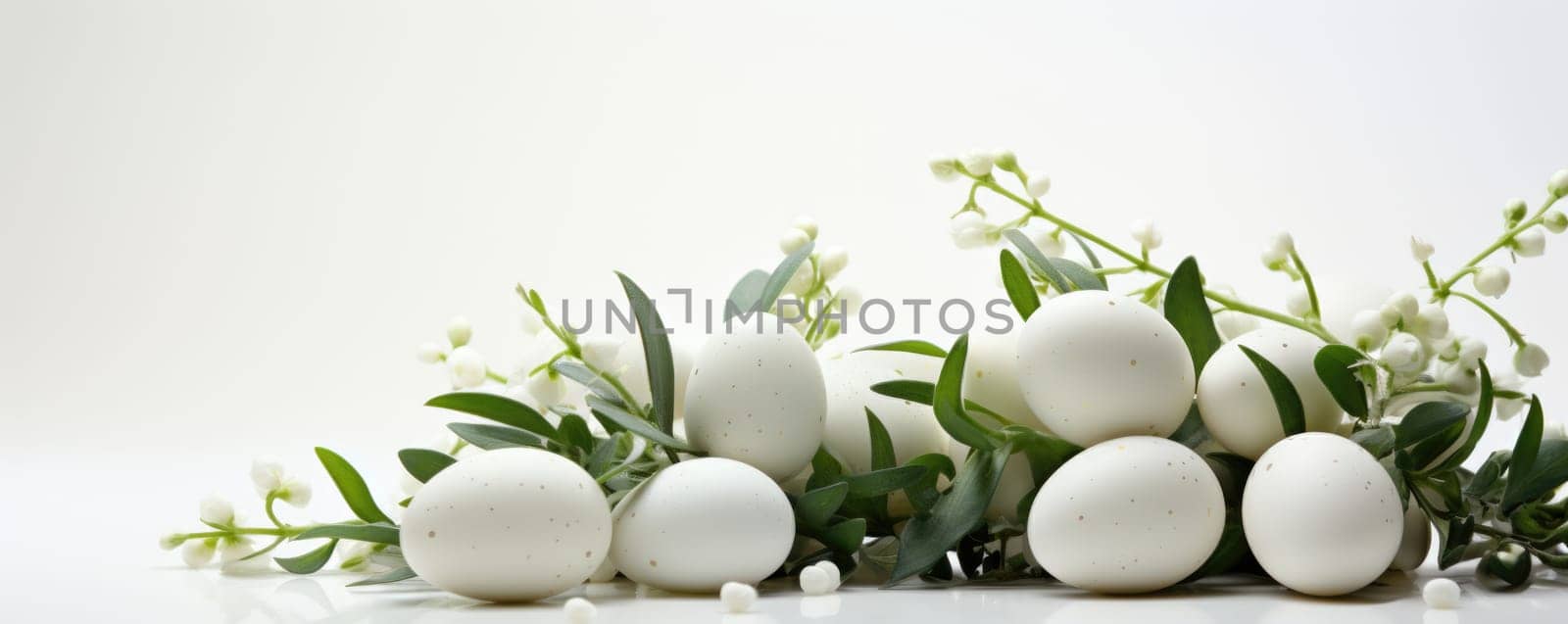 easter background with white eggs and flowers on light background. ai generated