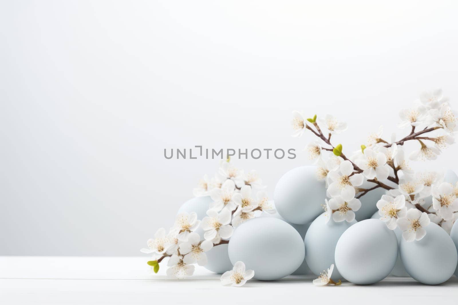easter background with white eggs and flowers on light background. ai generated