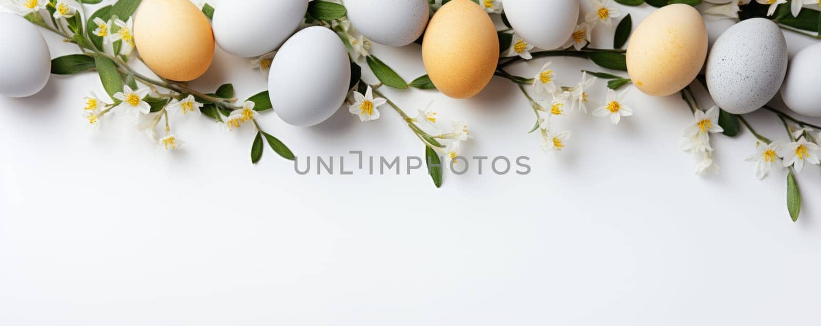 easter background with pastel eggs and flowers on light background. ai generated