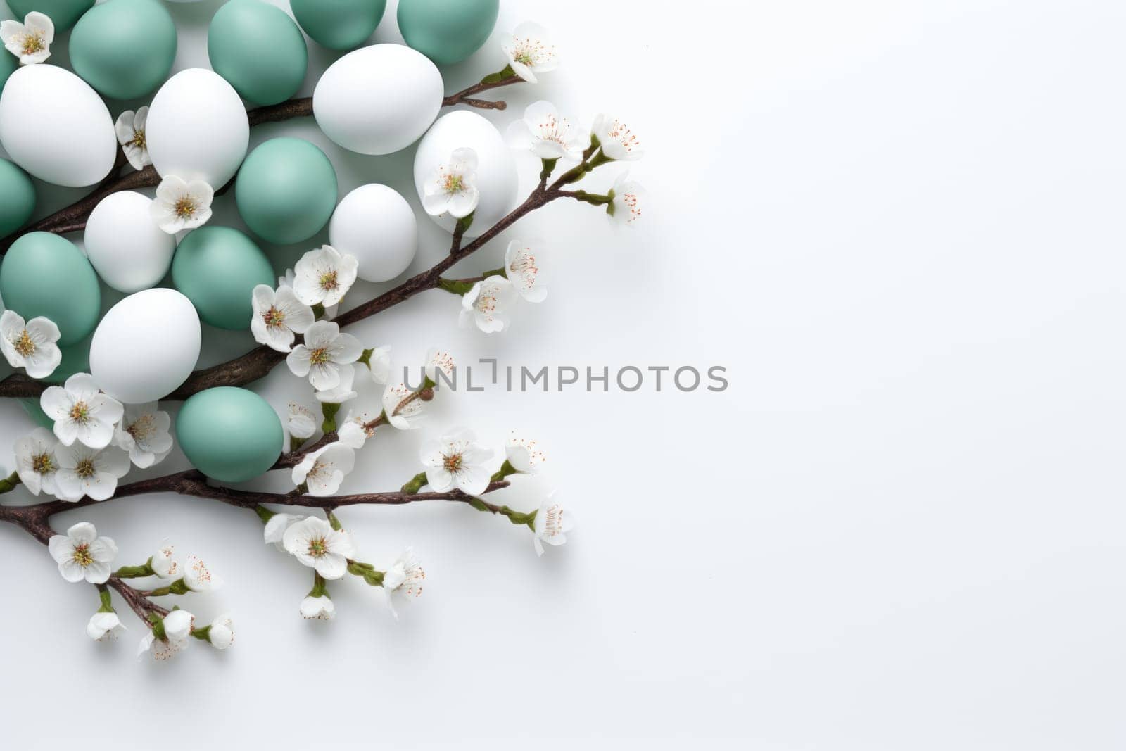 easter background with pastel eggs and flowers on light background. ai generated