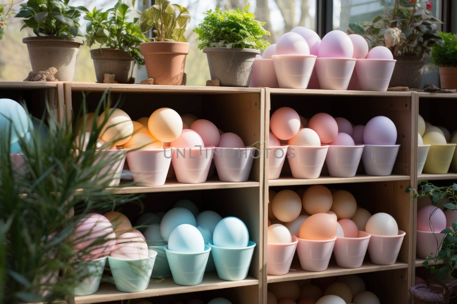 storage room in supermarket full of various Easter decorations in boxes. ai generated