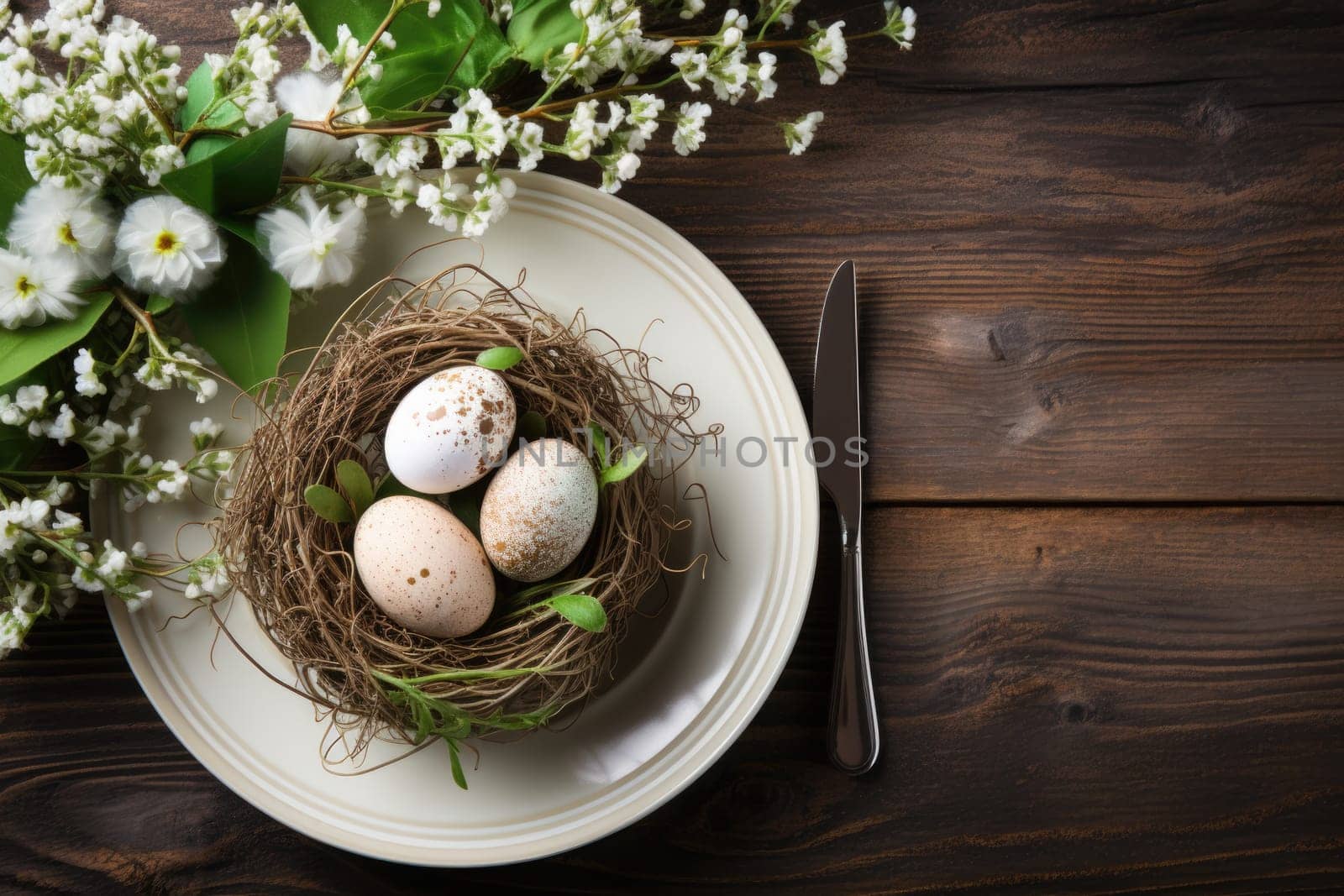 Beautiful table setting with spring flowers for Easter celebration. ai generated