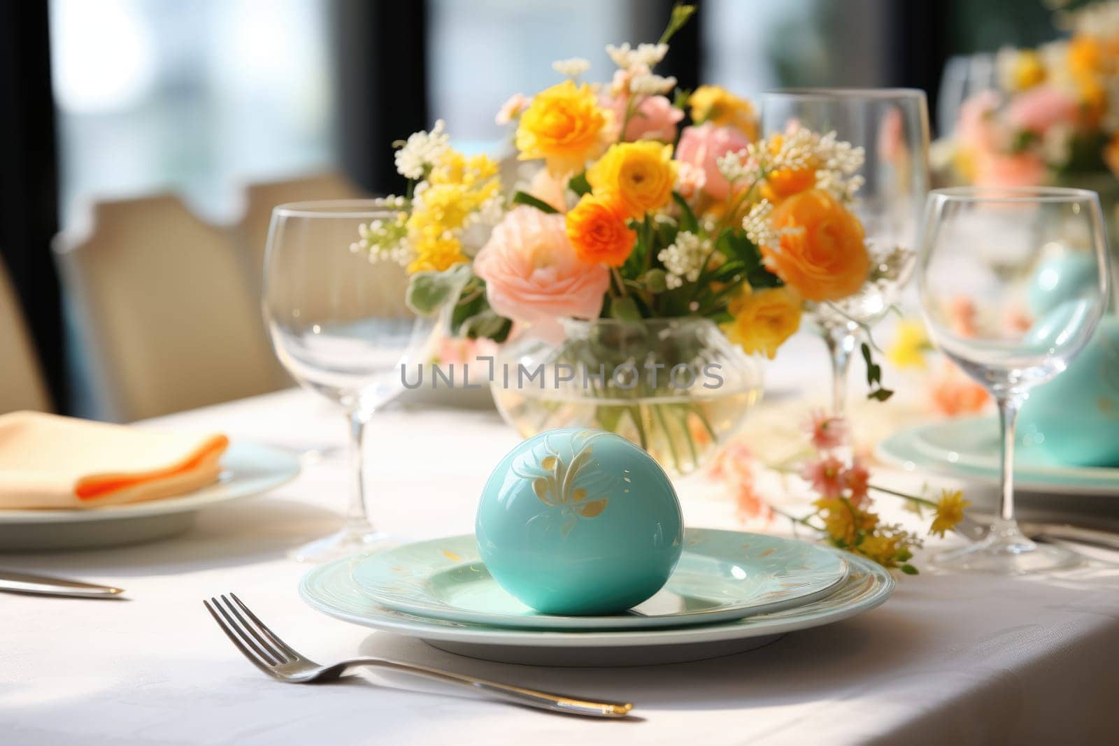 Beautiful table setting with spring flowers for Easter celebration. ai generated