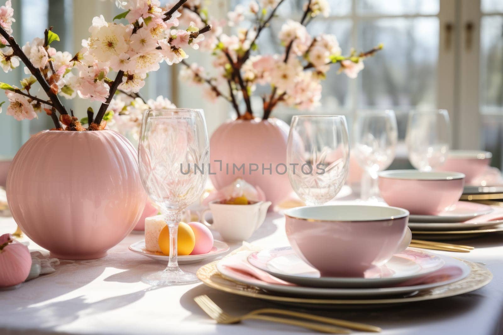 Beautiful table setting with spring flowers for Easter celebration. ai generated