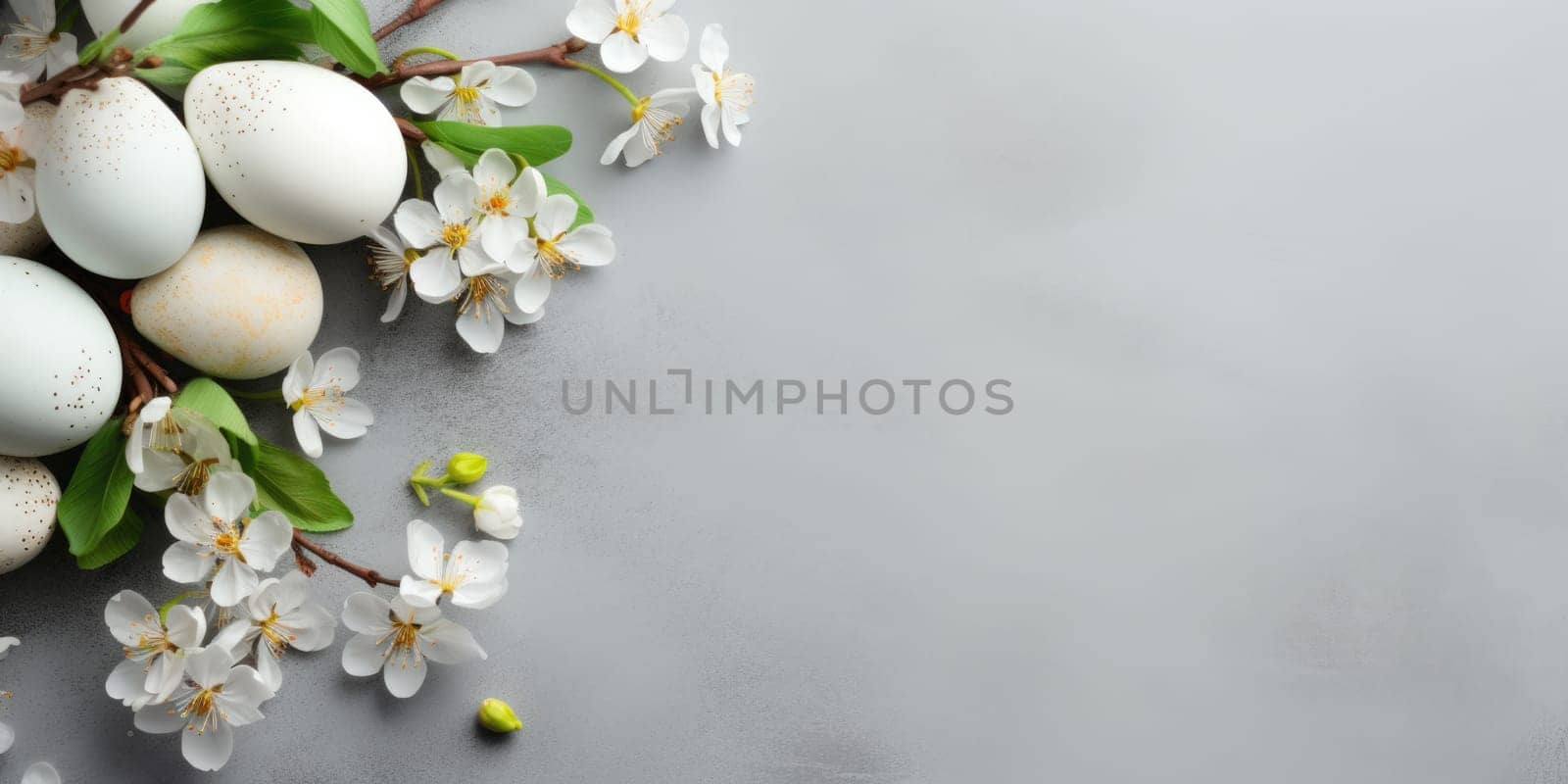 Beautiful table setting with spring flowers for Easter celebration, top view . ai generated