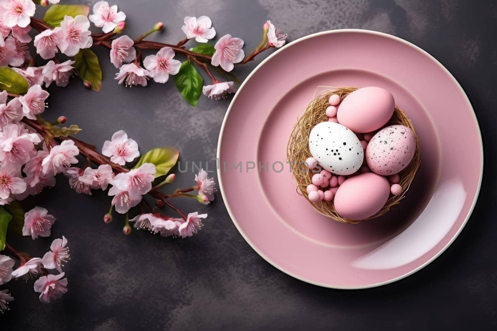 Beautiful table setting with spring flowers for Easter celebration, top view . ai generated
