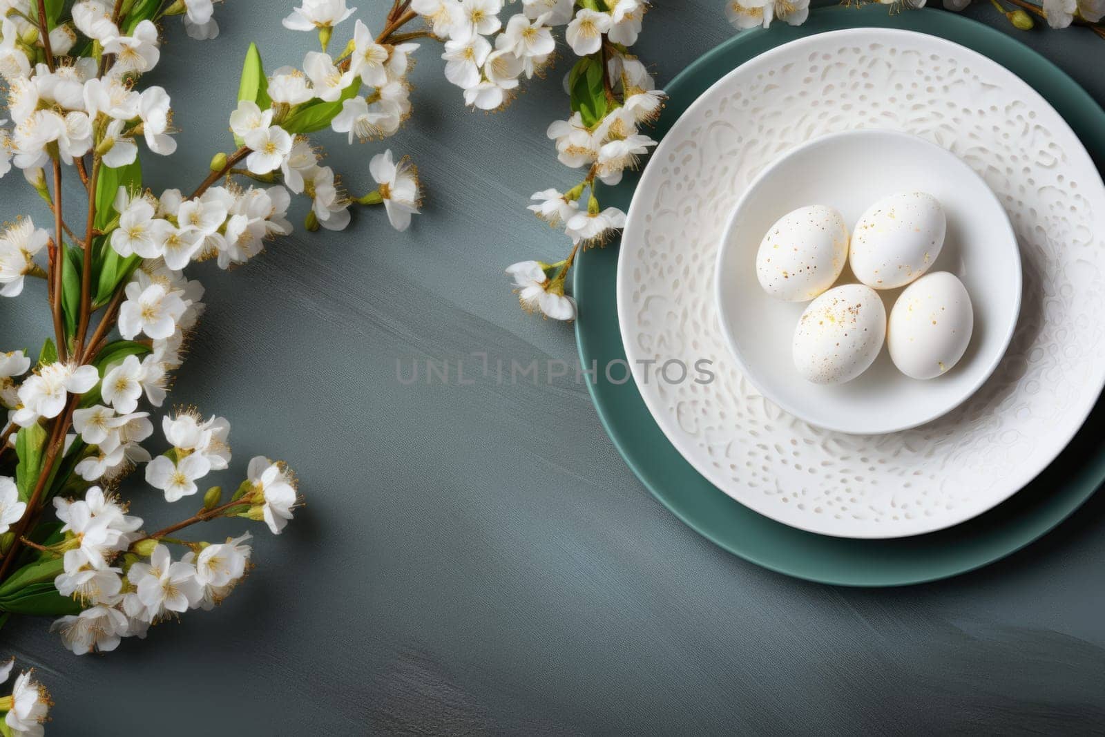 Beautiful table setting with spring flowers for Easter celebration, top view . ai generated