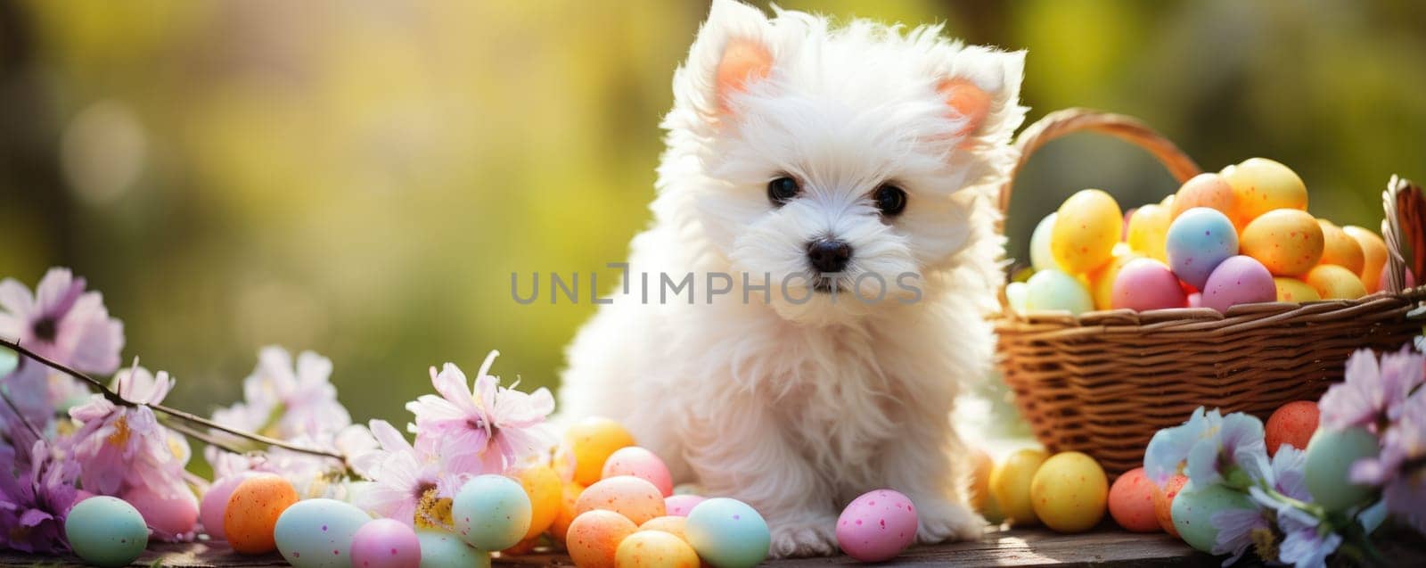 Beautiful white puppy with blue eyes in easter eggs. ai generated