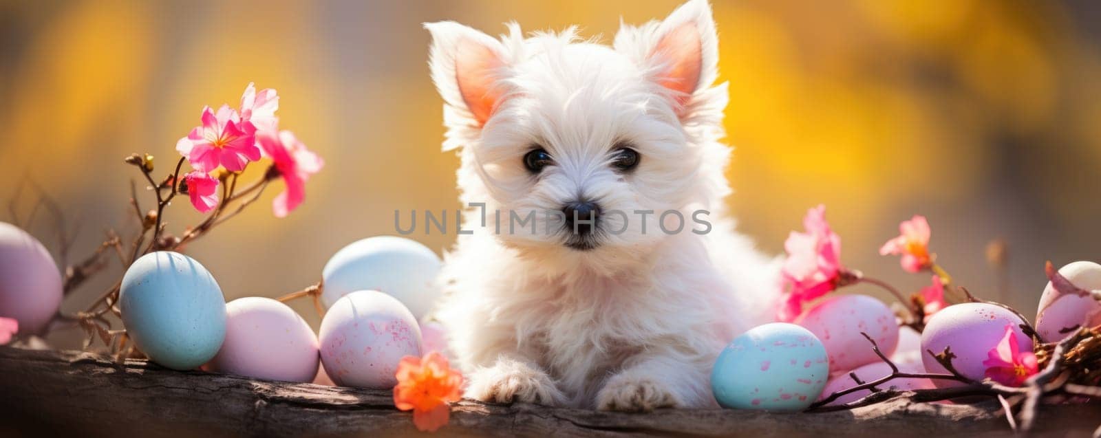 Beautiful white puppy with blue eyes in easter eggs. ai generated