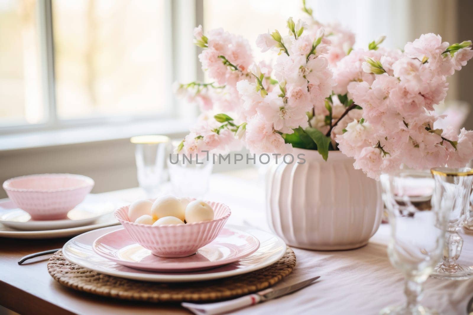 Beautiful table setting with spring flowers for Easter celebration. ai generated