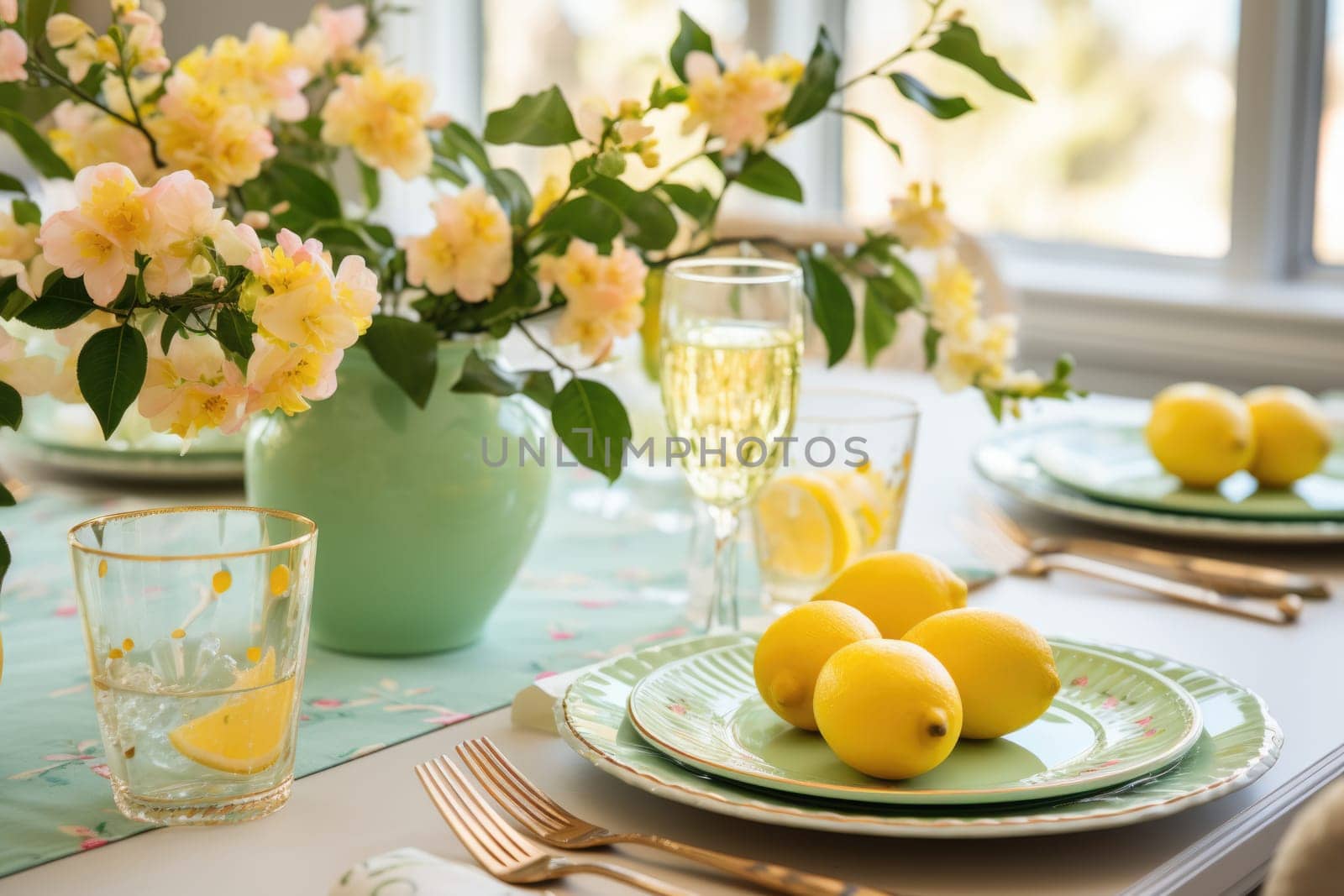 Beautiful table setting with spring flowers for Easter celebration. ai generated