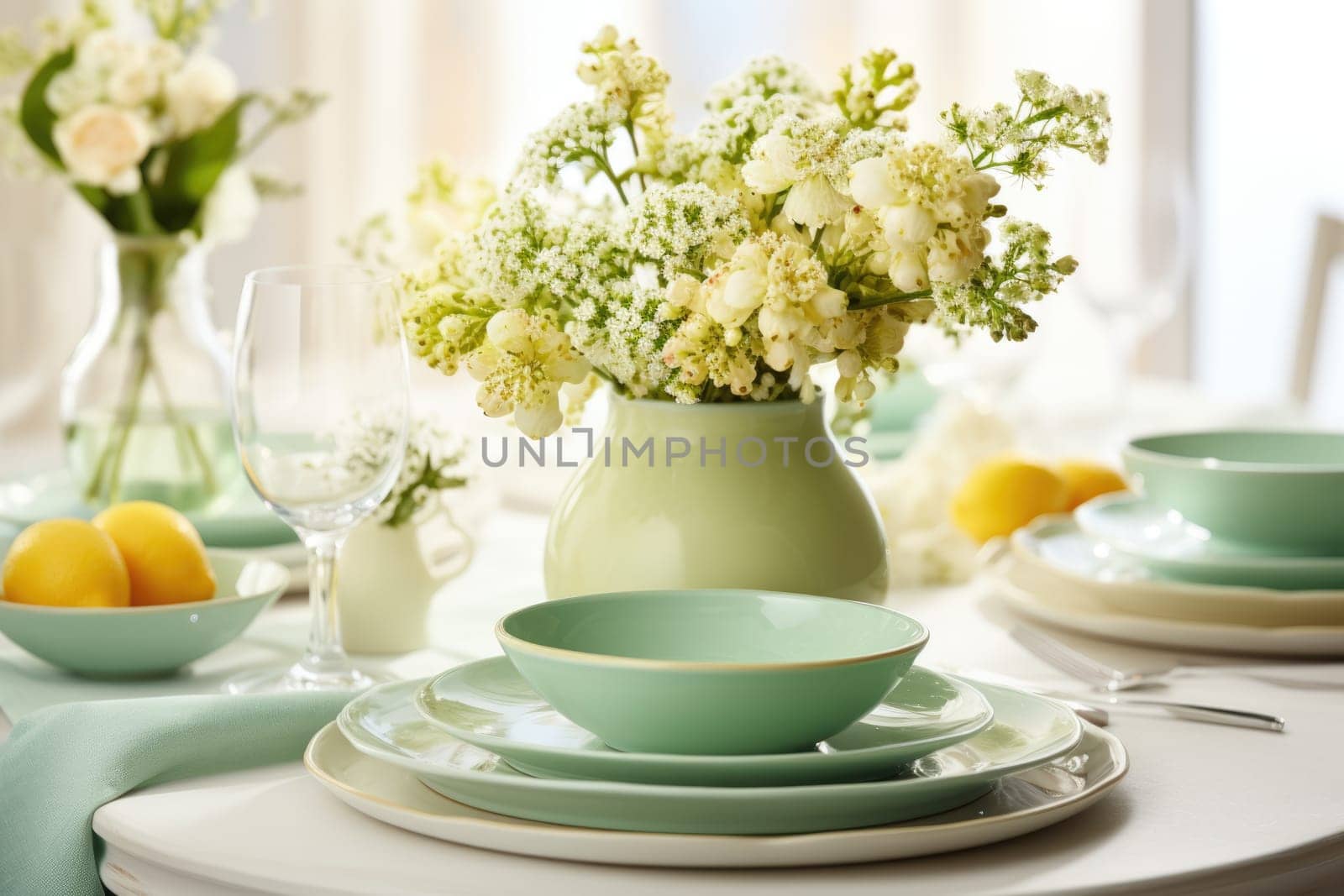 Beautiful table setting with spring flowers for Easter celebration. ai generated