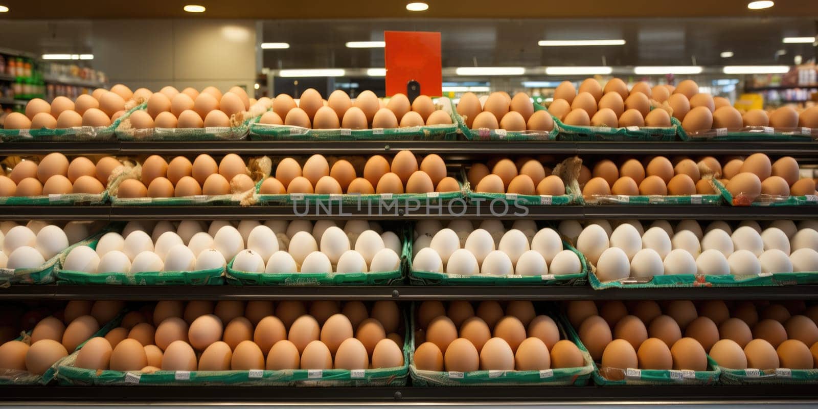 Variety brand of Eggs pack on shelves in a supermarket. supermarket shelves full of eggs. ai generated