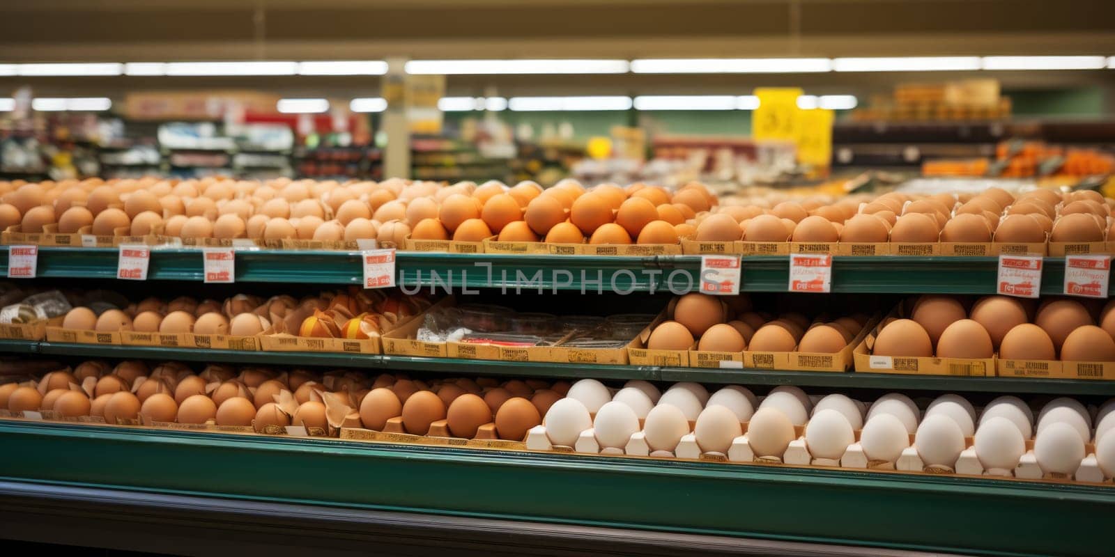 Variety brand of Eggs pack on shelves in a supermarket. supermarket shelves full of eggs. ai generated