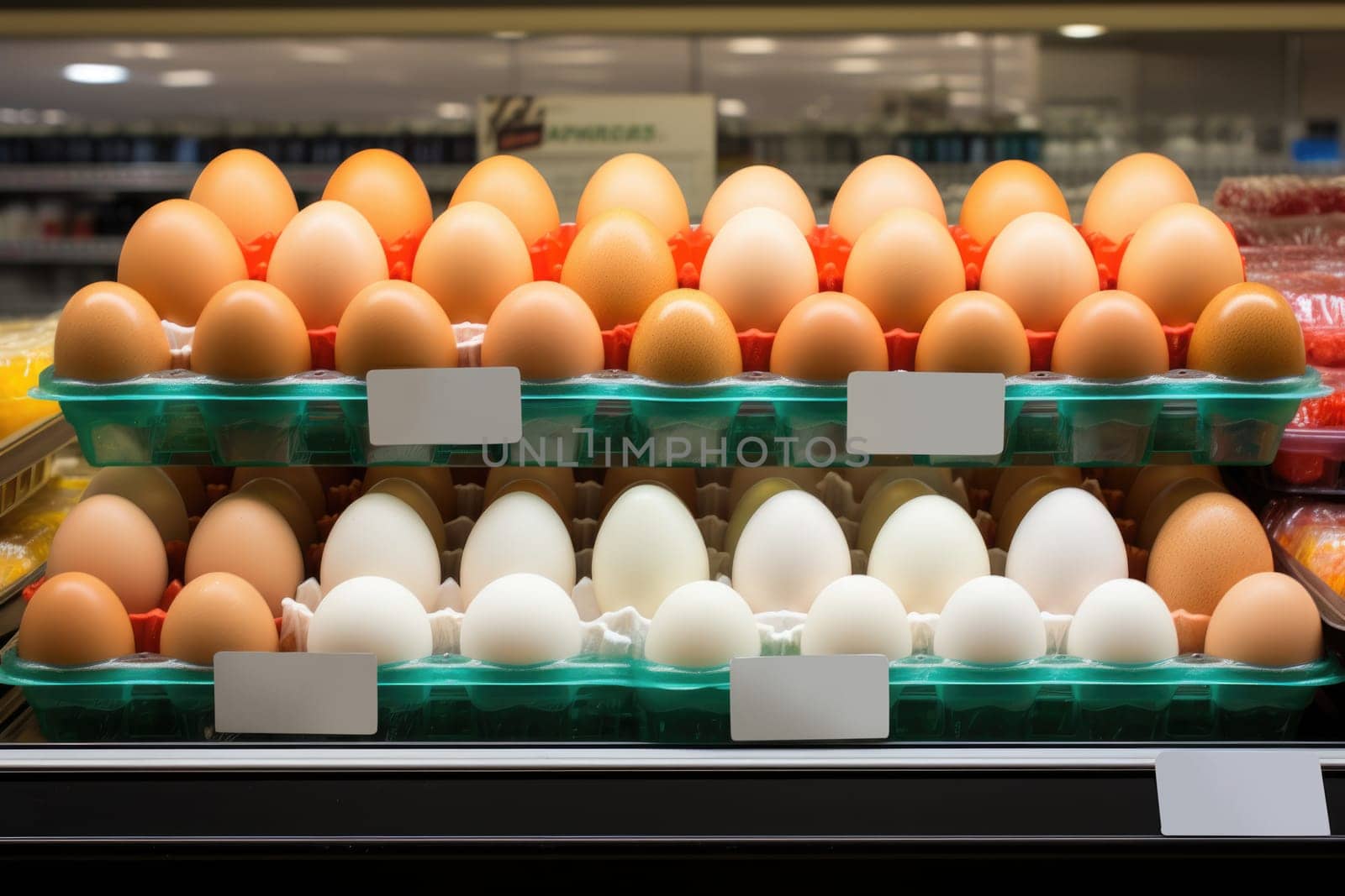 Variety brand of Eggs pack on shelves in a supermarket. supermarket shelves full of eggs. ai generated