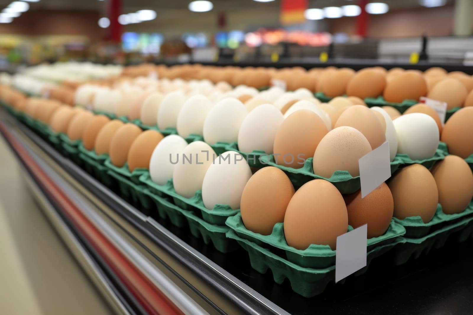 Variety brand of Eggs pack on shelves in a supermarket. supermarket shelves full of eggs. ai generated