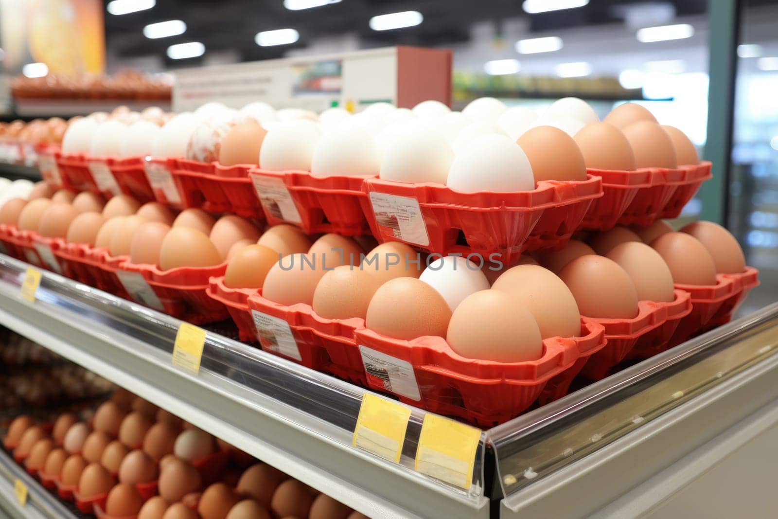 Variety brand of Eggs pack on shelves in a supermarket. supermarket shelves full of eggs. ai generated