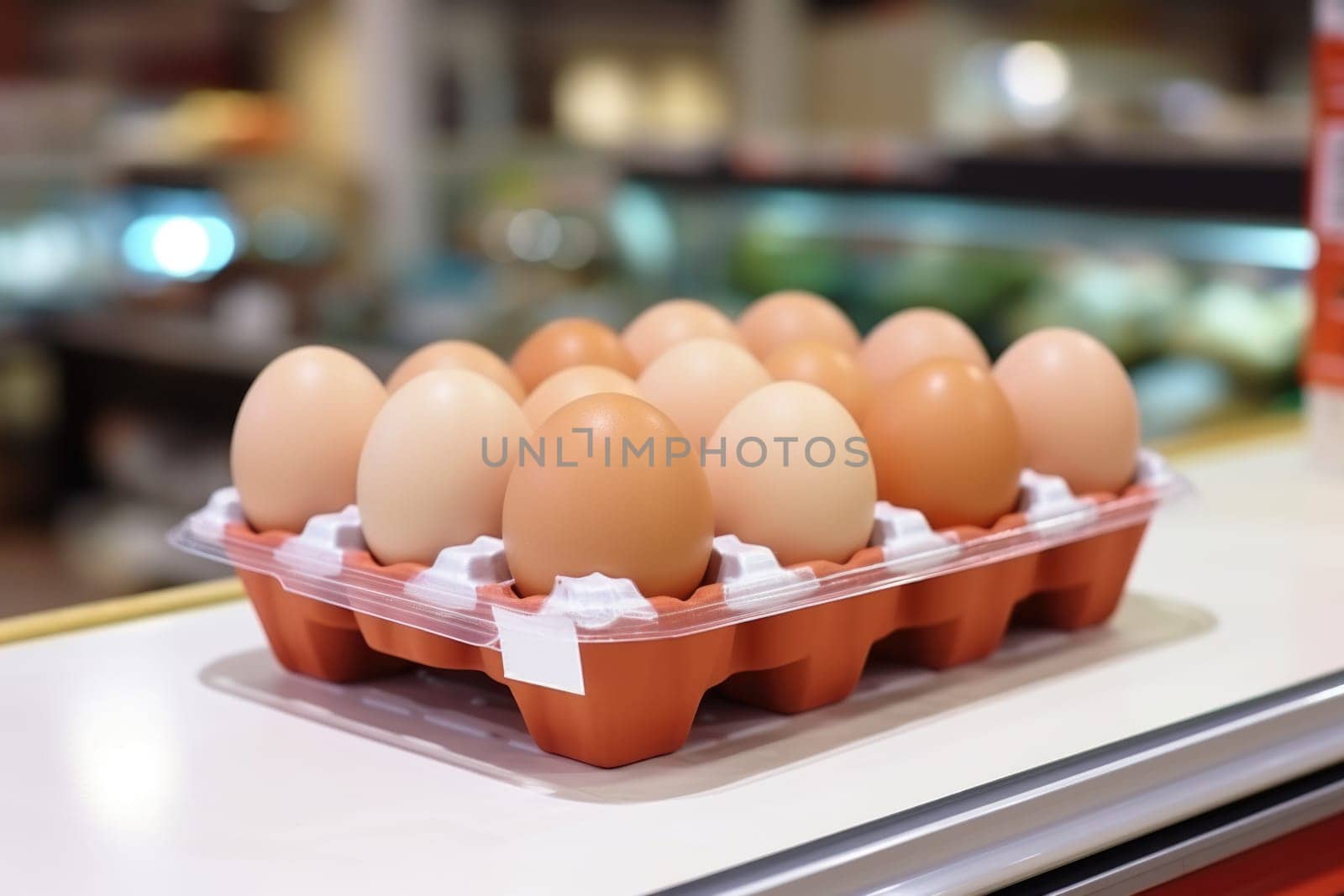 Full fresh eggs of paper tray from hen farm in the package that preserved for sale in wholesale and retail market. ai generated