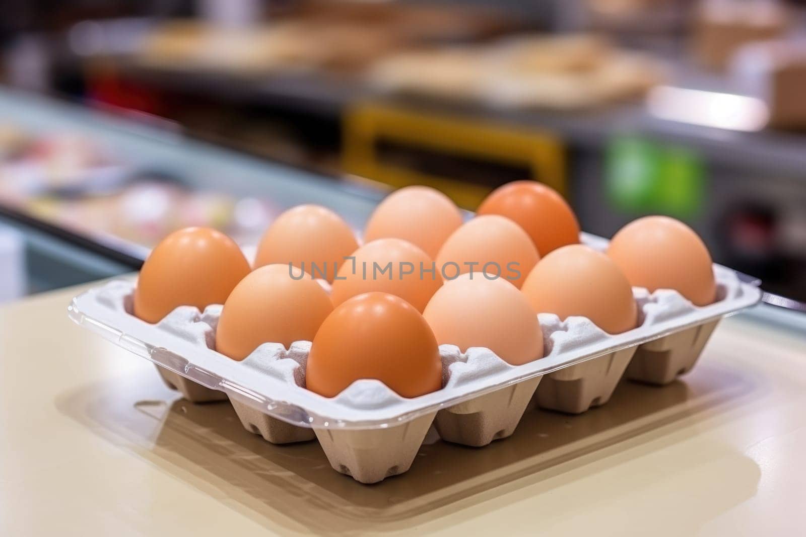 Full fresh eggs of paper tray from hen farm in the package that preserved for sale in wholesale and retail market. ai generated