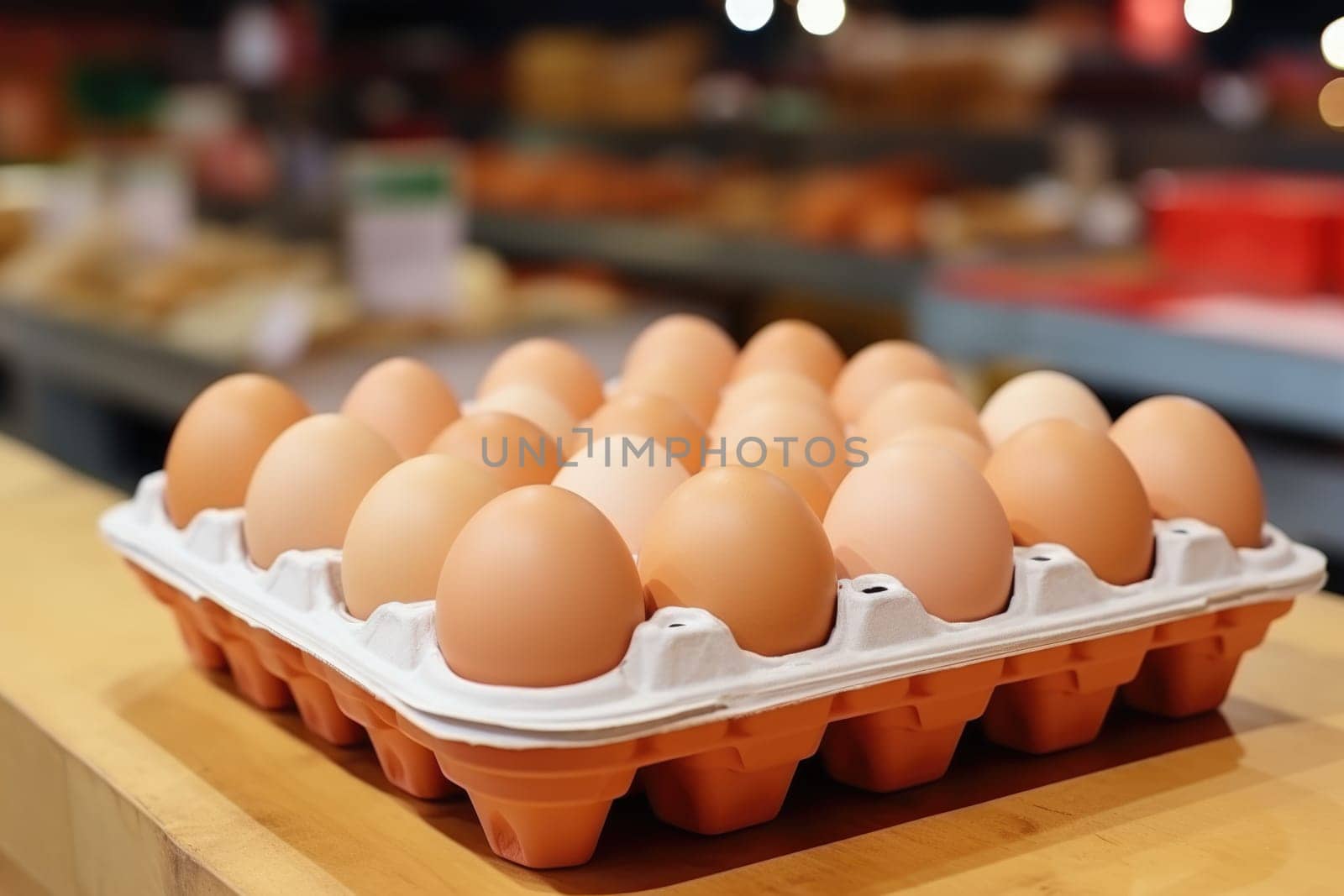 Full fresh eggs of paper tray from hen farm in the package that preserved for sale in wholesale and retail market. ai generated
