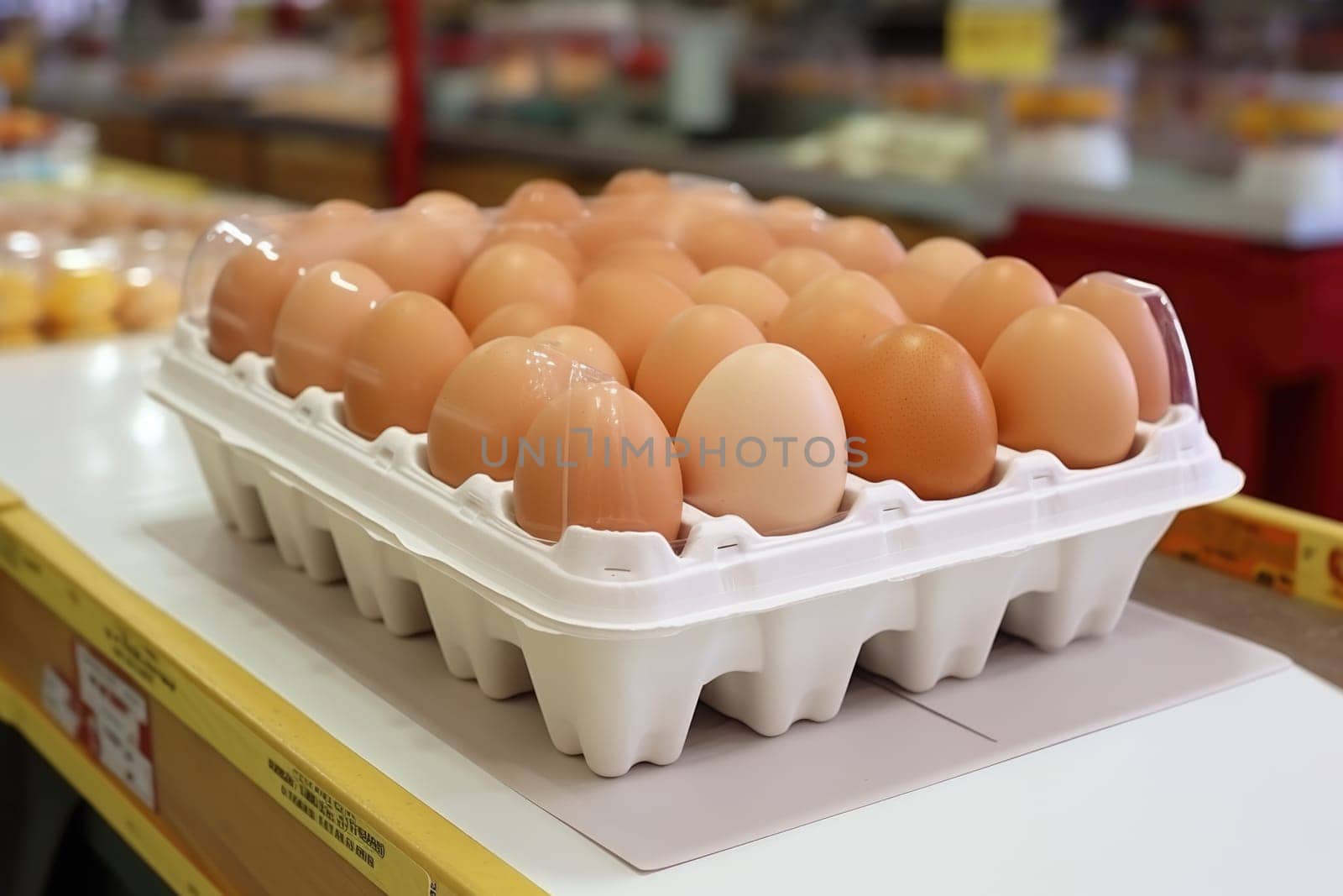 Full fresh eggs of paper tray from hen farm in the package that preserved for sale in wholesale and retail market. ai generated
