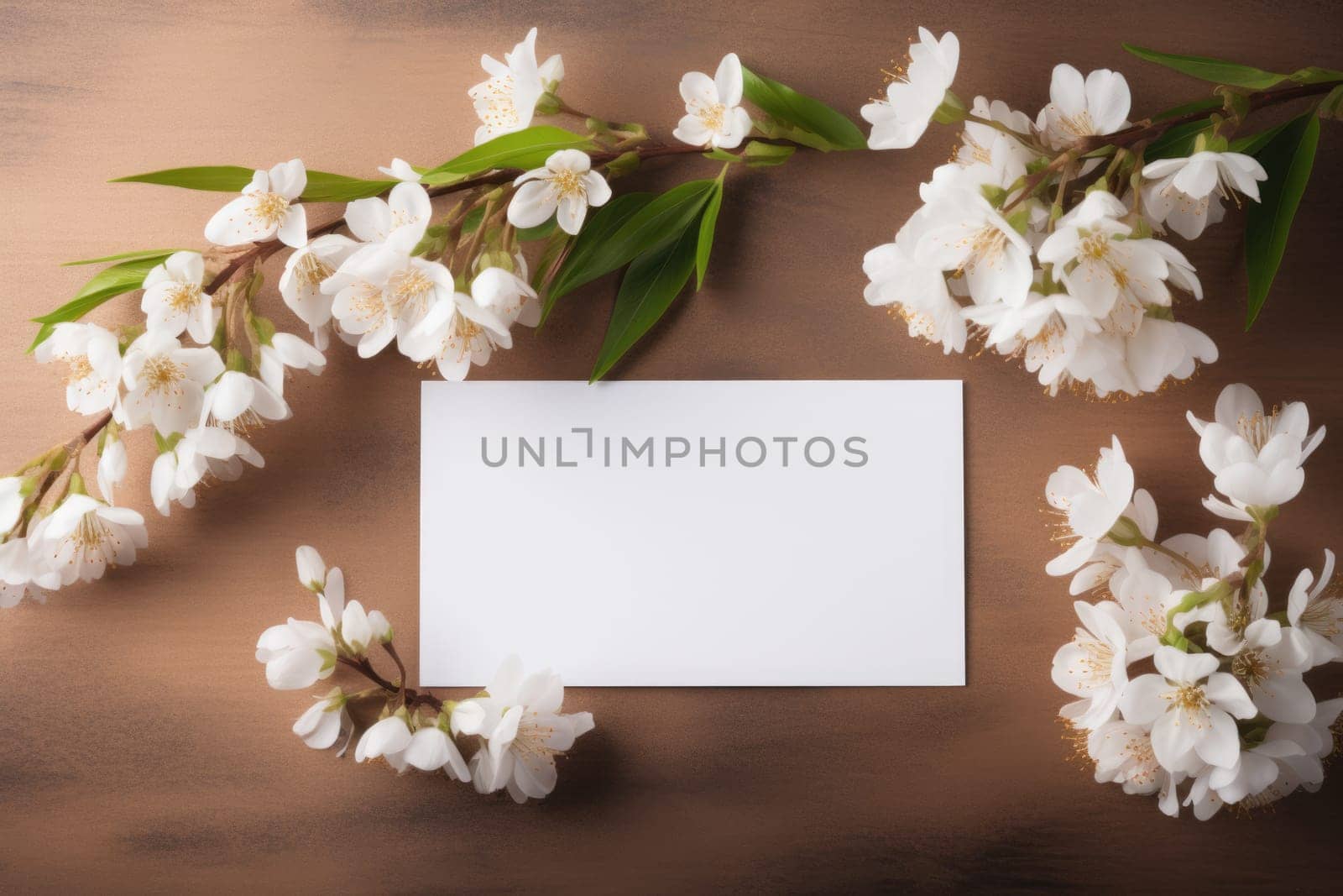 white card mockup next to spring flowers . ai generated