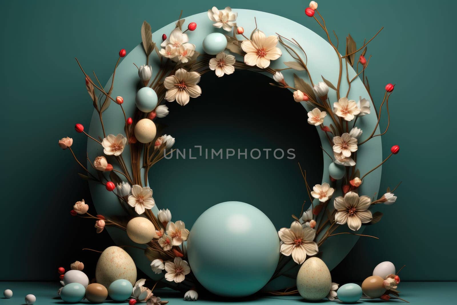 Podium, stand for product presentation and easter wreath with eggs. Mockup for branding and festive packaging presentation. ai generated