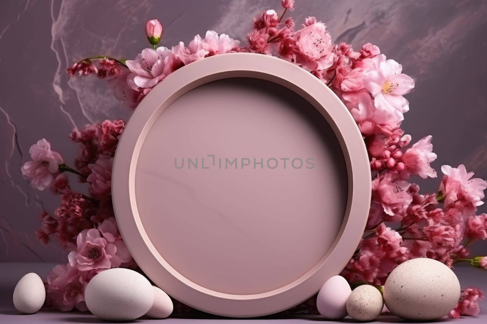 Podium, stand for product presentation and easter wreath with eggs. Mockup for branding and festive packaging presentation. ai generated