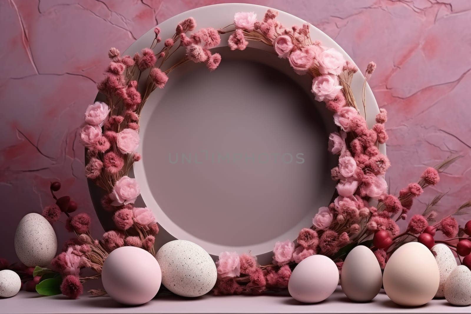 Podium, stand for product presentation and easter wreath with eggs. Mockup for branding and festive packaging presentation. ai generated
