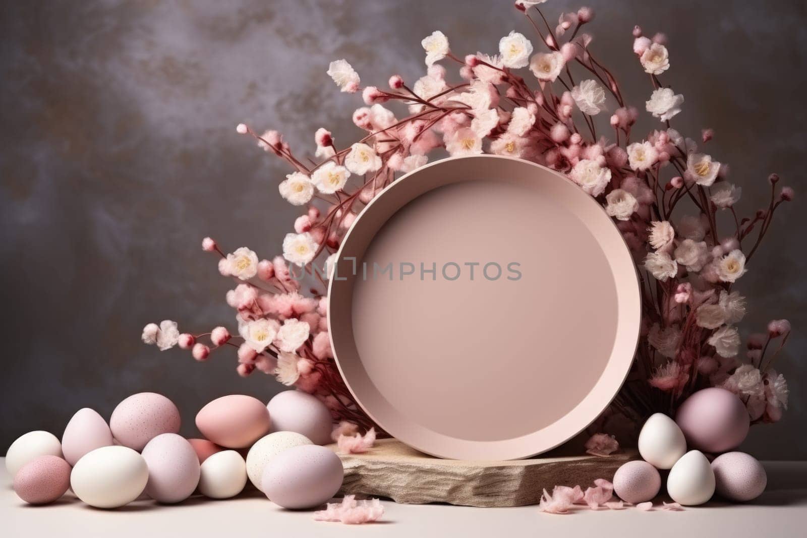Podium, stand for product presentation and easter wreath with eggs. Mockup for branding and festive packaging presentation. ai generated