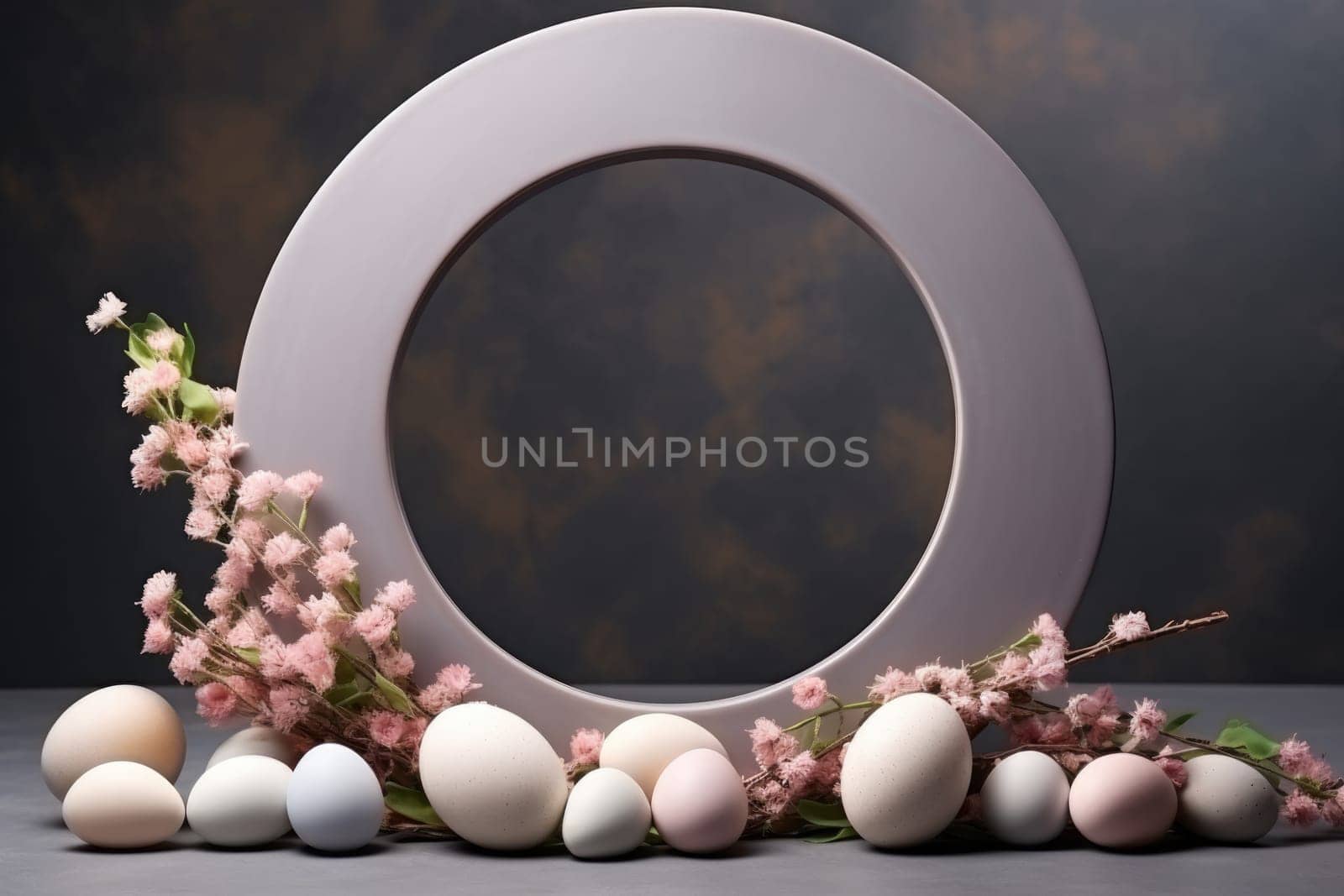 Podium, stand for product presentation and easter wreath with eggs. Mockup for branding and festive packaging presentation. ai generated