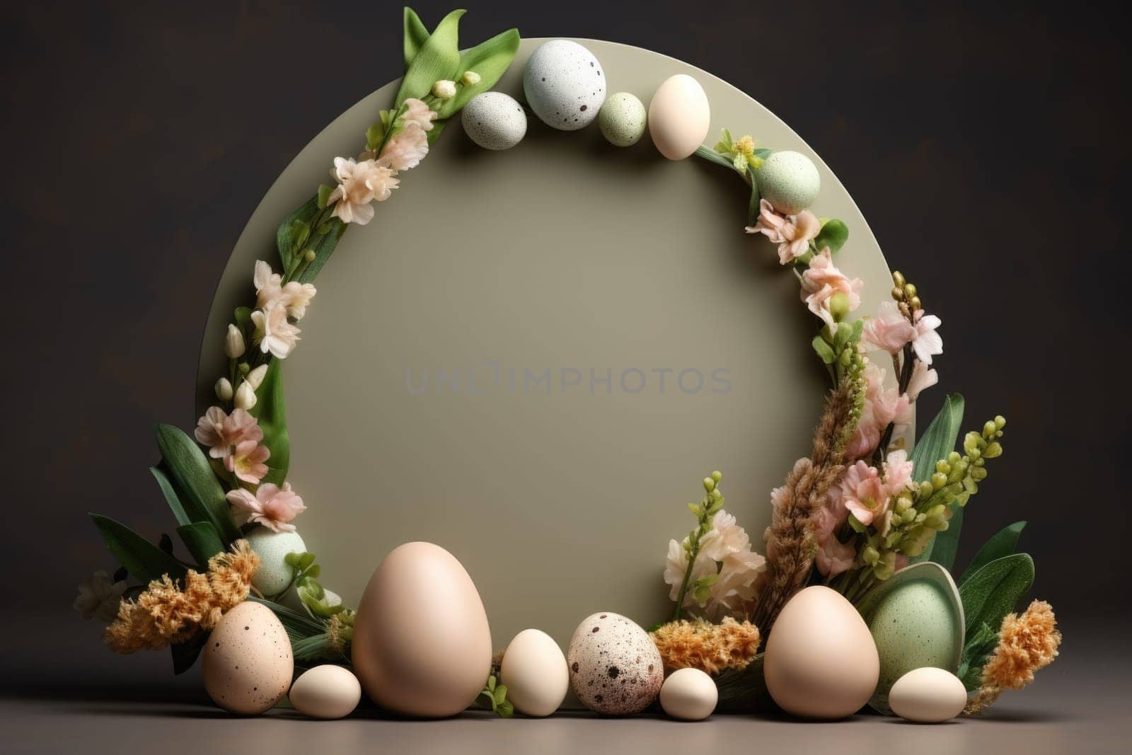 Podium, stand for product presentation and easter wreath with eggs. Mockup for branding and festive packaging presentation. ai generated