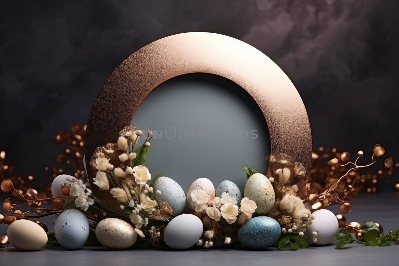 Podium, stand for product presentation and easter wreath with eggs. Mockup for branding and festive packaging presentation. ai generated