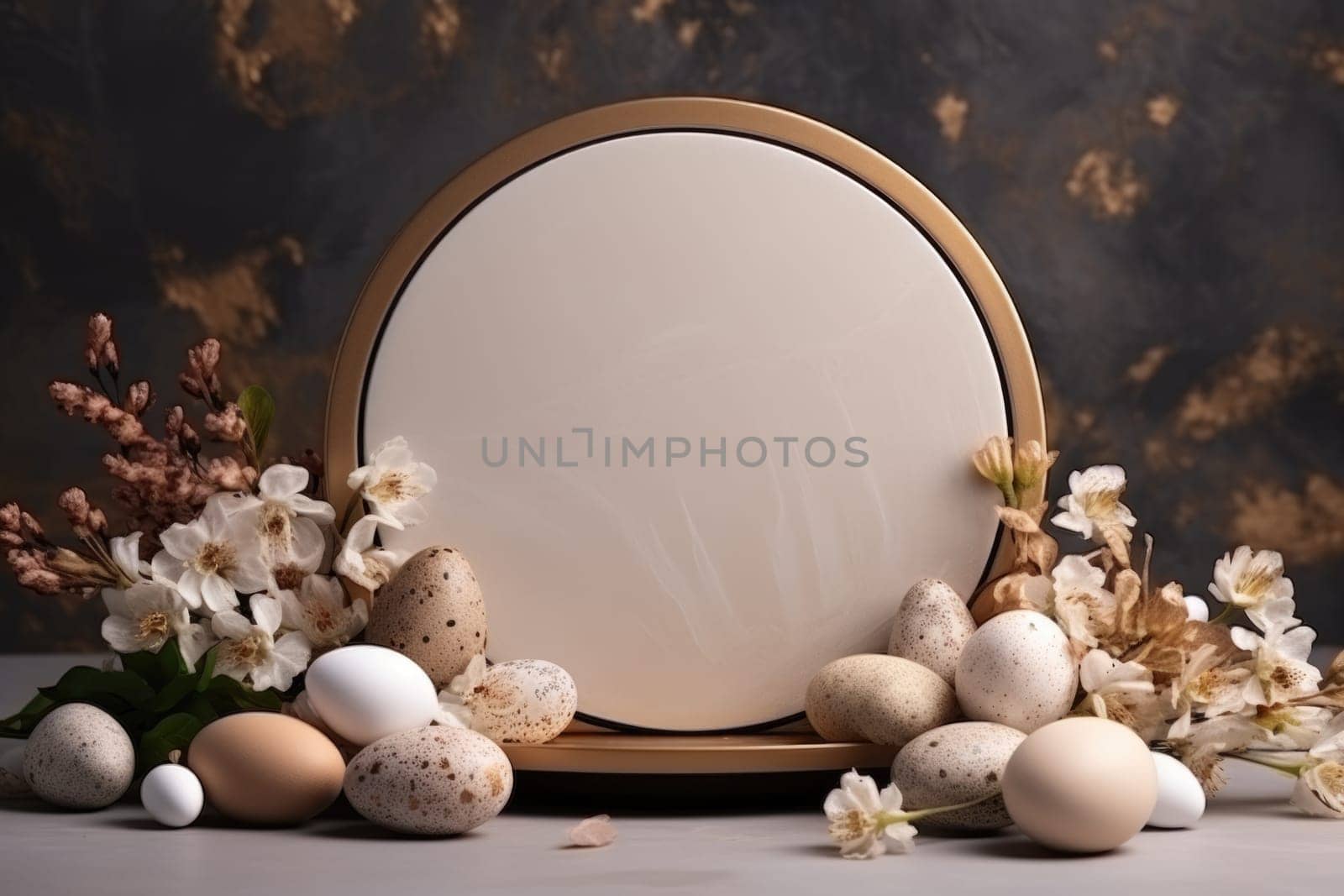Podium, stand for product presentation and easter wreath with eggs. Mockup for branding and festive packaging presentation. ai generated