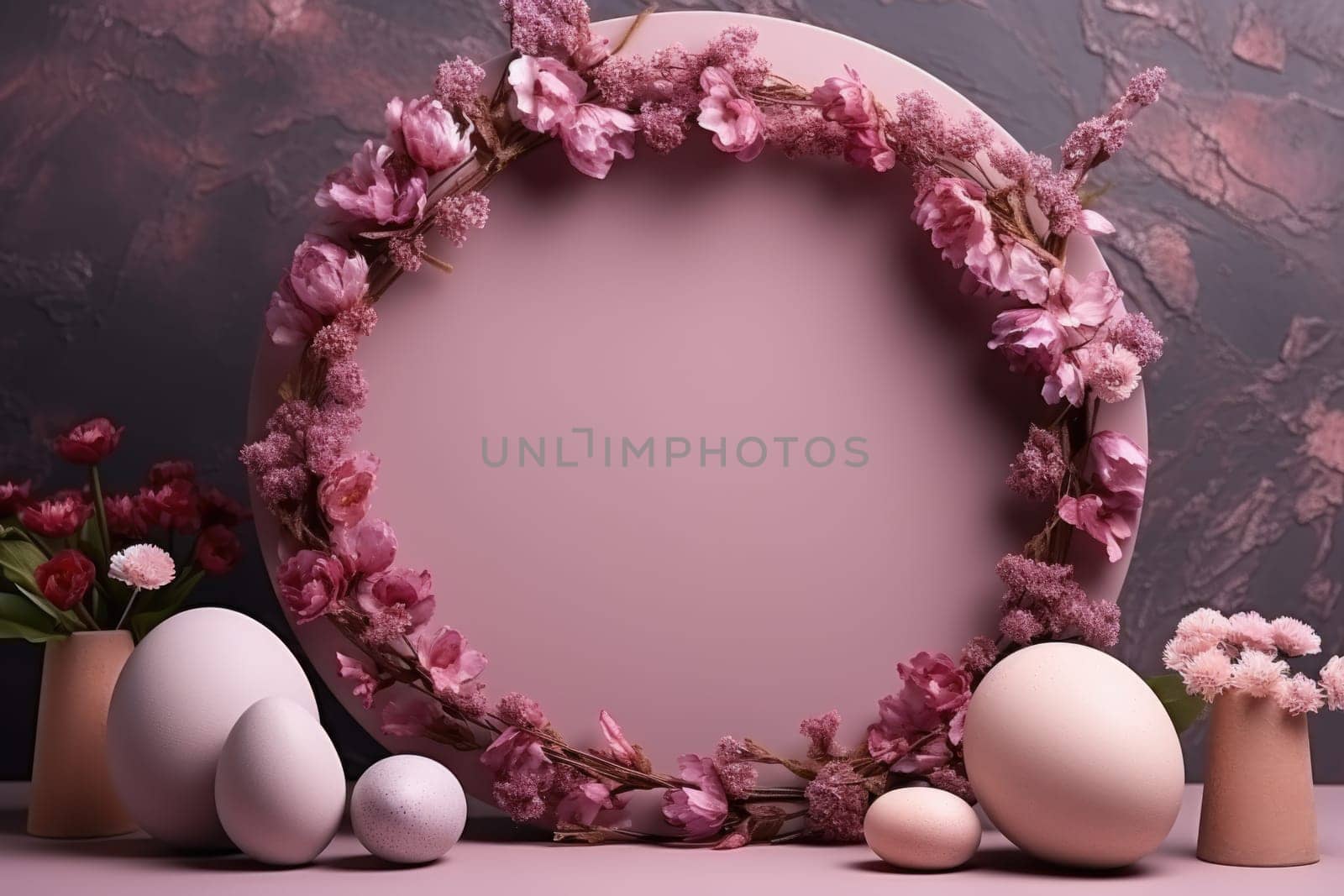 Podium, stand for product presentation and easter wreath with eggs. Mockup for branding and festive packaging presentation. ai generated