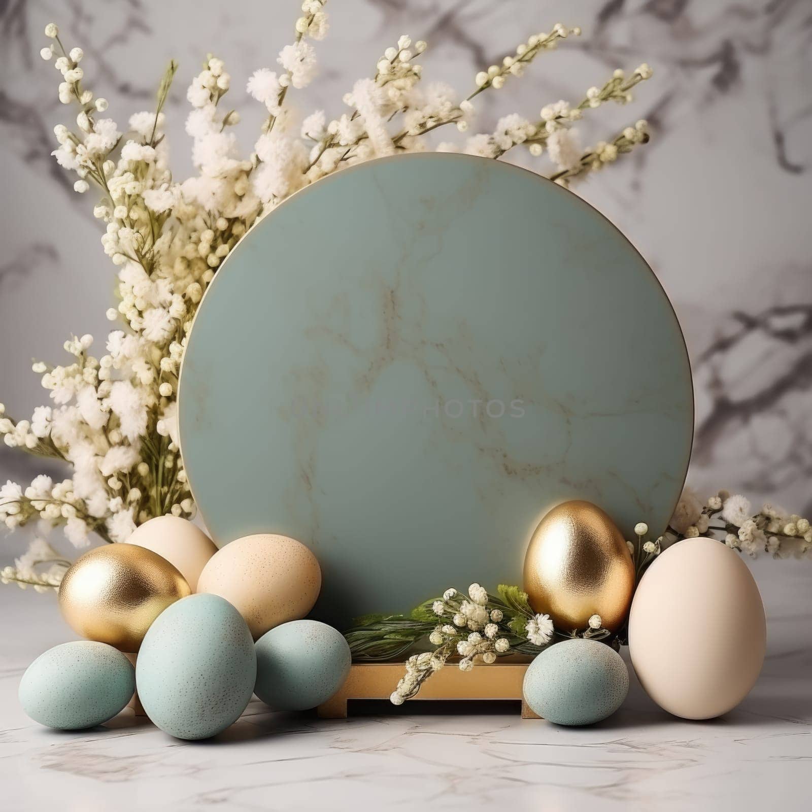 Podium, stand for product presentation and easter wreath with eggs. ai generated by Desperada