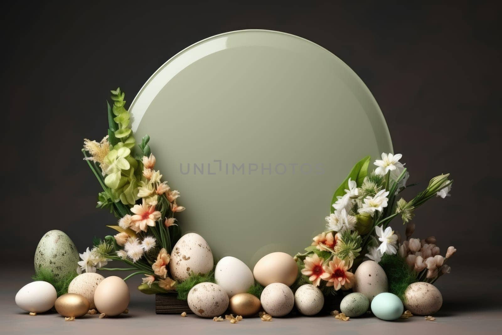 Podium, stand for product presentation and easter wreath with eggs. Mockup for branding and festive packaging presentation. ai generated