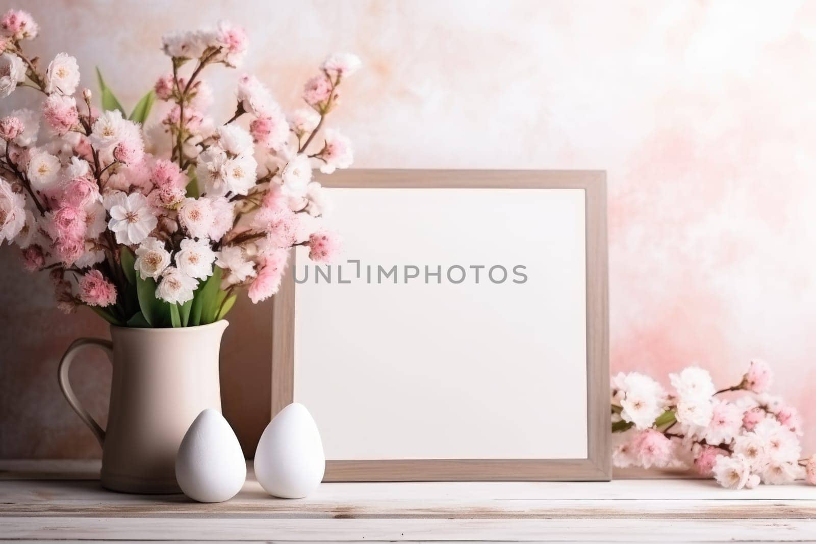 Happy Easter concept with easter eggs in nest and spring flowers. wooden frame on the table decorated for Easter. ai generated