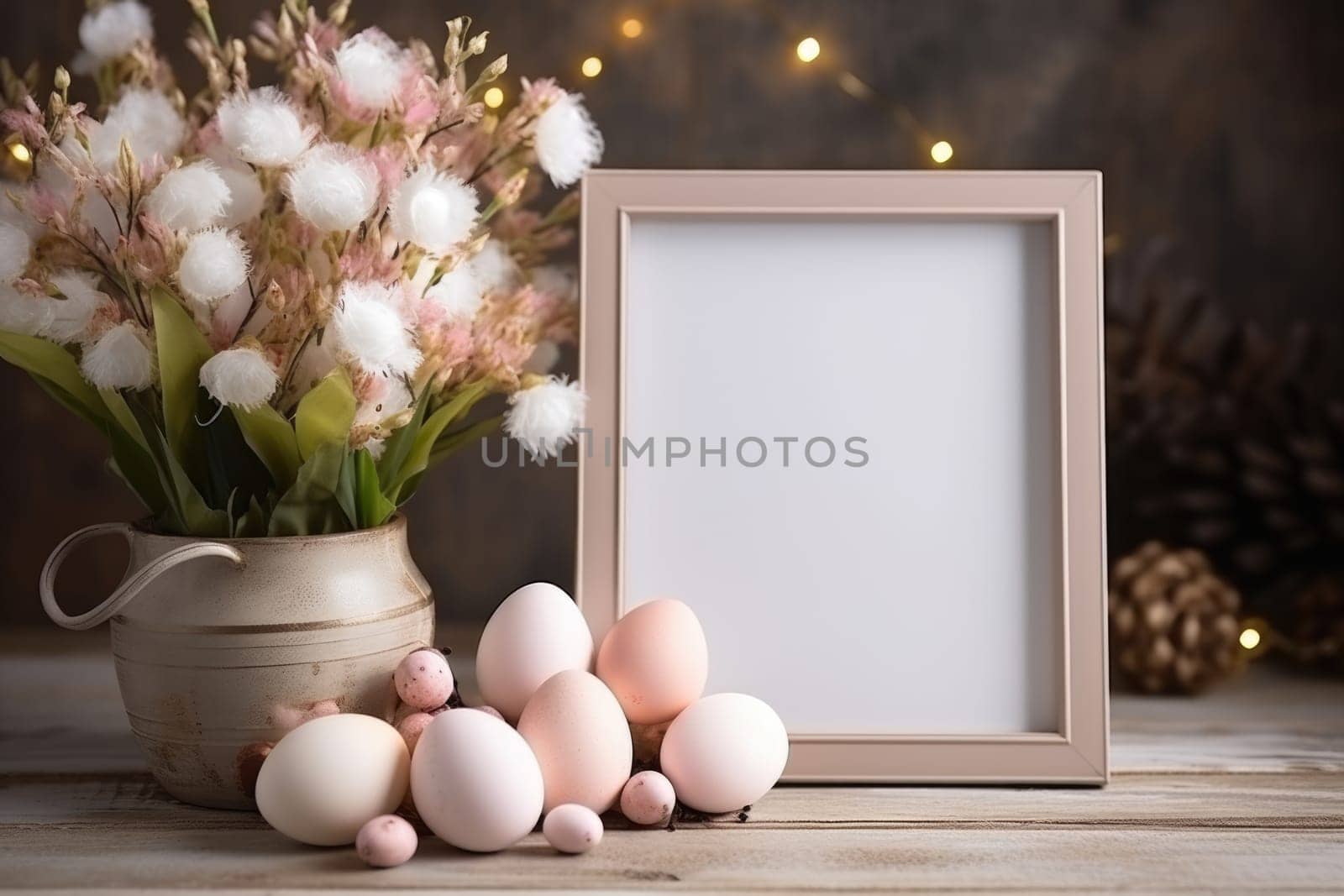 Happy Easter concept with easter eggs in nest and spring flowers. wooden frame on the table decorated for Easter. ai generated