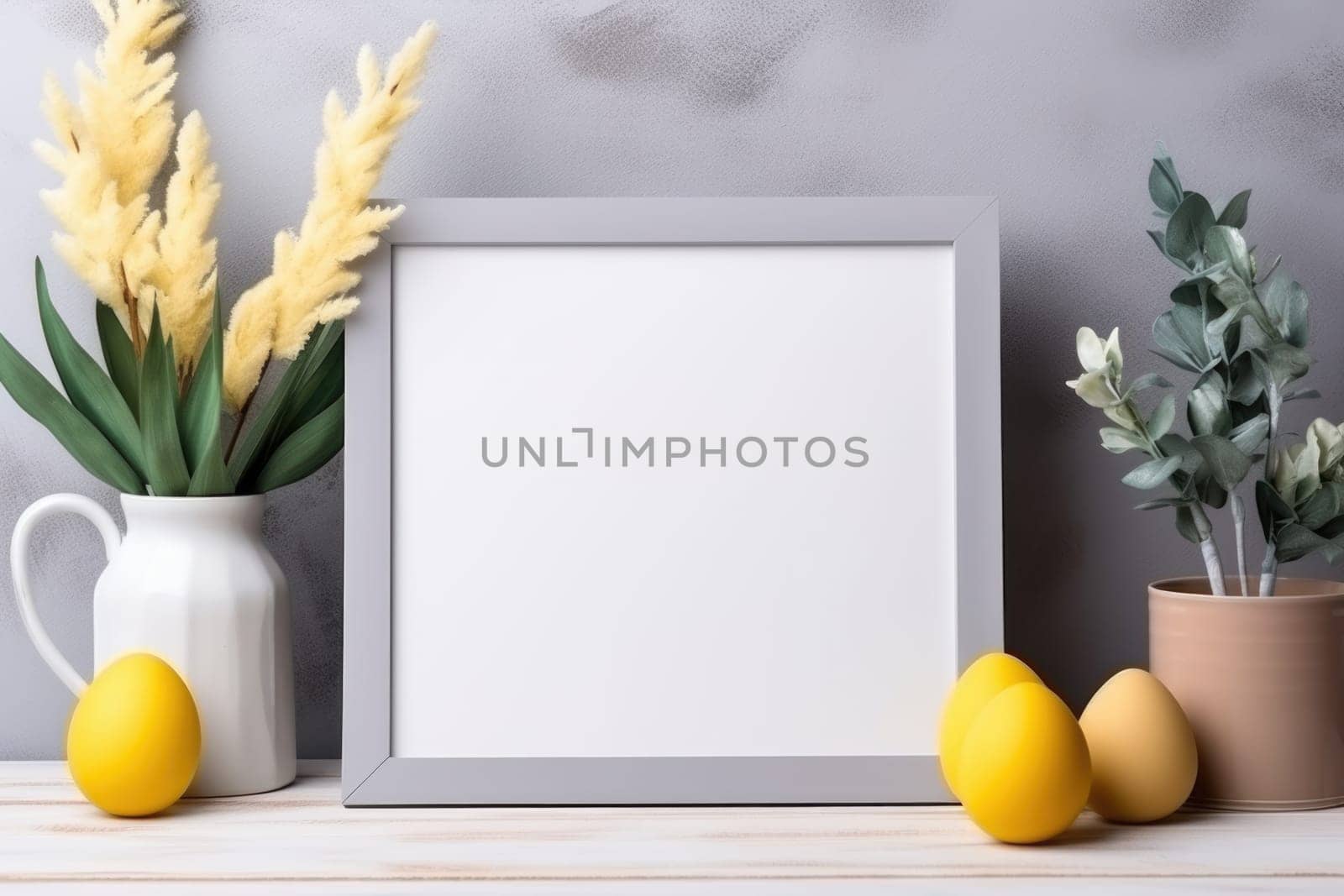 Happy Easter concept with easter eggs in nest and spring flowers. wooden frame on the table decorated for Easter. ai generated