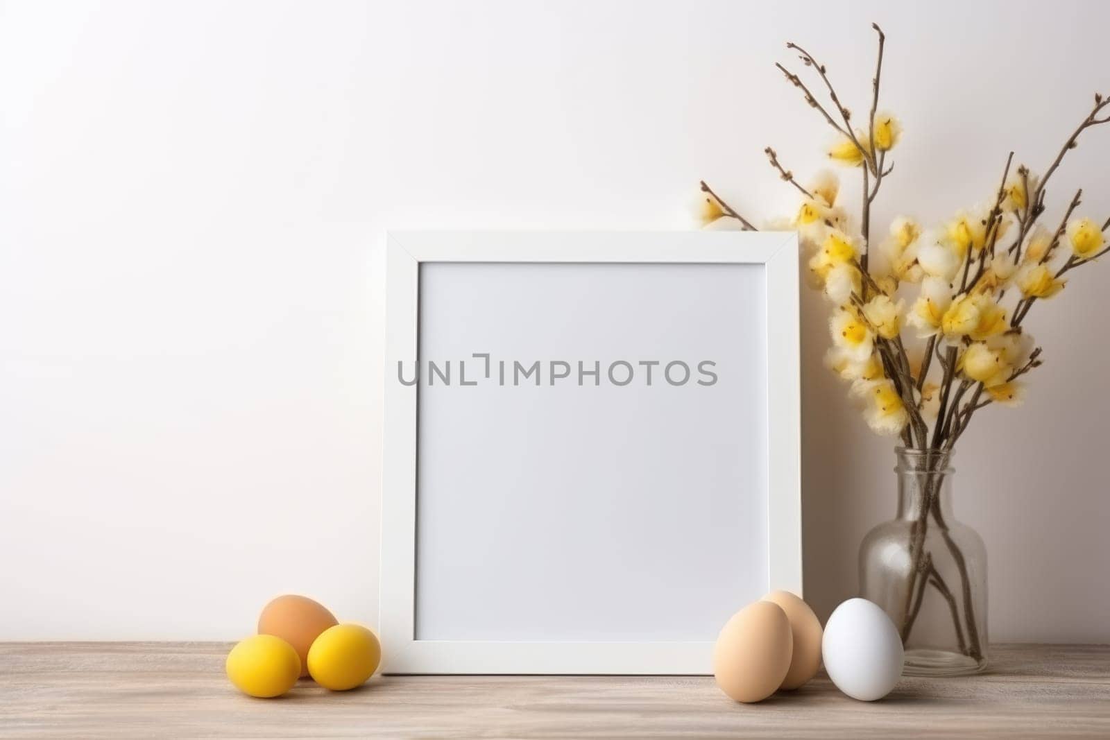Happy Easter concept with easter eggs in nest and spring flowers. wooden frame on the table decorated for Easter. ai generated